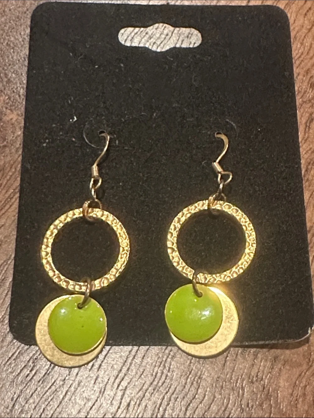 Gold Hoop Drop Earrings with Lime Green Discs - Women Jewelry